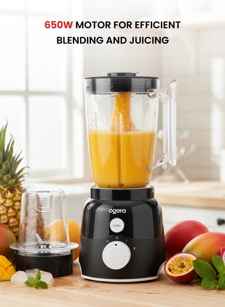 أوجيرا عصارة وخلاط كهربائي 2 في 1 بقوة 650 واط | وعاء سوائل غير قابل للكسر | صانع عصائر وسموثي | محرك عالي القدرة | تصميم مدمج لسطح المطبخ | سهل التنظيف | OG5104BR أسود/فضي - Image 2